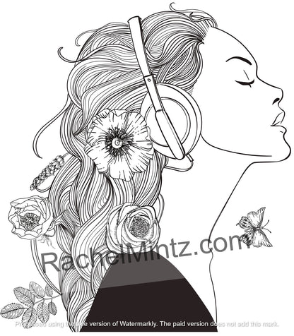 Look at Me printable coloring book – relaxing women facial profiles art for adults - Black and white line art illustration of a woman in profile with closed eyes, wearing over-ear headphones, with long flowing hair styled with flowers. A large 'RachelMintz.