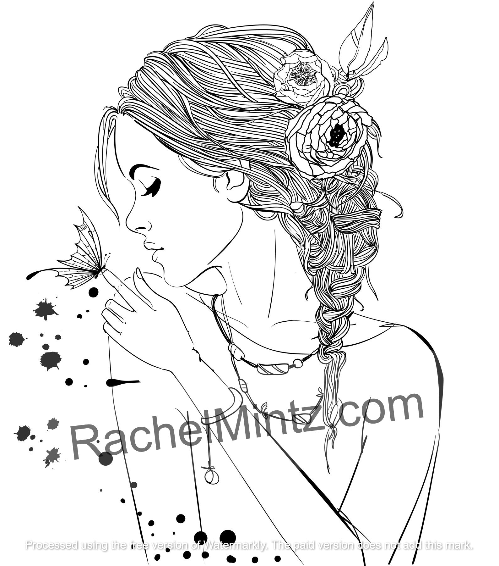 Side profile women face coloring pages – Look at Me PDF digital coloring book - Black and white line art illustration of a woman in profile with a braided ponytail adorned with flowers, holding a butterfly near her face, with a large RachelMintz.com watermark across the center.