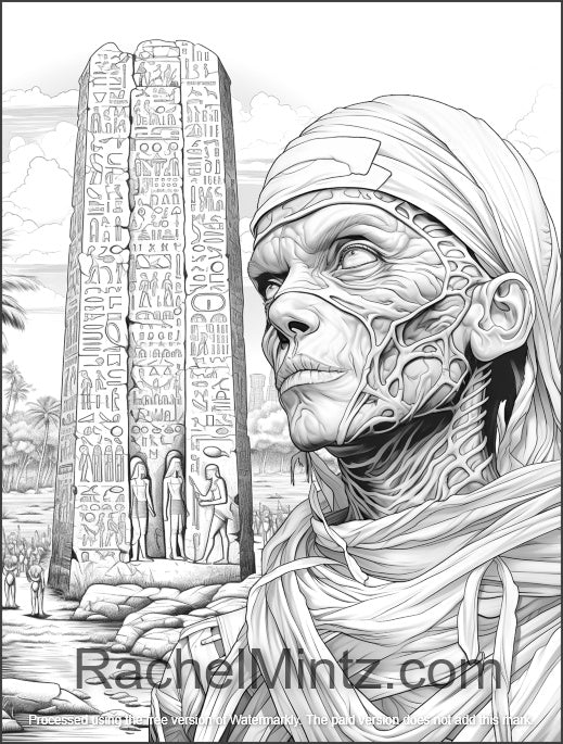 Mummies - Grayscale Coloring Book, Ancient Egypt Horror, Creepy Egyptian Beauties (Printable PDF Format)