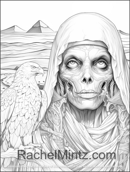 Mummies - Grayscale Coloring Book, Ancient Egypt Horror, Creepy Egyptian Beauties (Printable PDF Format)