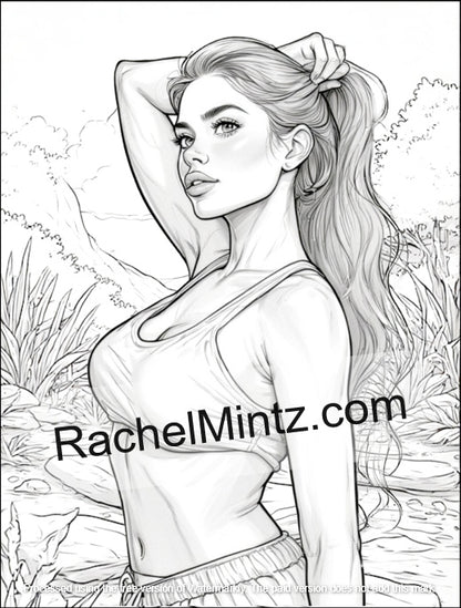Line art of a woman with long hair in a ponytail, standing outdoors with plants in the background. The artist's name 'Rachel Mintz' is visible.
