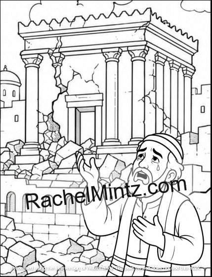 Black and white coloring page illustration featuring a distressed man in traditional clothing standing in front of a collapsing ancient temple with rubble, with a large 'RachelMintz.com' watermark across the center.