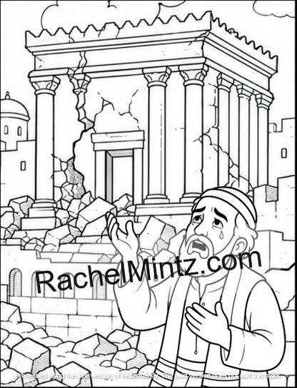 Black and white coloring page illustration featuring a distressed man in traditional clothing standing in front of a collapsing ancient temple with rubble, with a large 'RachelMintz.com' watermark across the center.