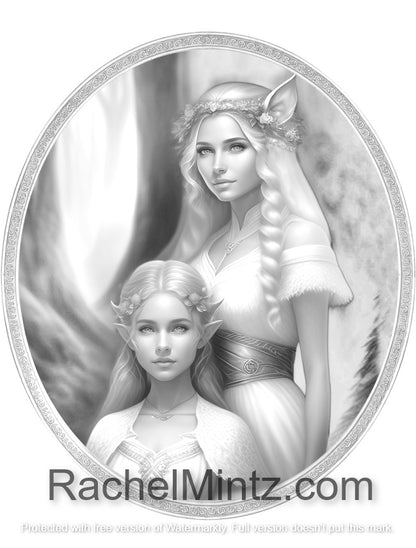 Angelic Mother Elf - Gorgeous Elves Couples Mom & Child, Elf Motherhood, Grayscale Art, AI (PDF Coloring Book)