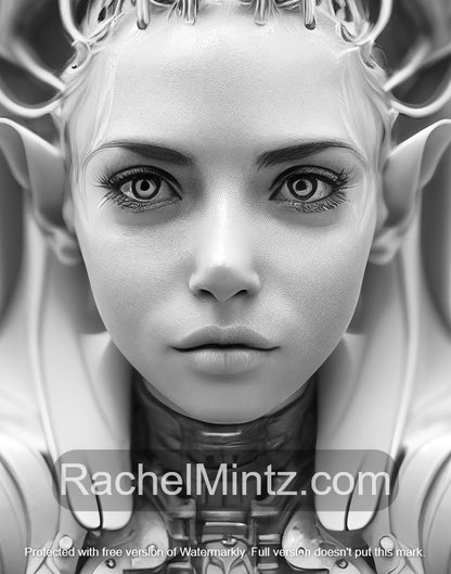 Beautiful Alien Women - Grayscale Coloring Book, 40 Sci Fi Portraits of Cyborg Girls (Digital PDF Book)