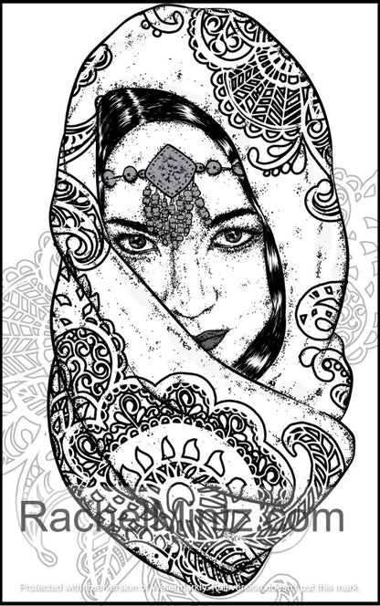 Beautiful Women of India, PDF Coloring Book With Portraits & Dancing Indian Girls
