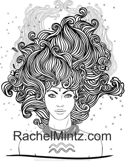 Beautiful Zodiac Women Coloring Book, 36 Gorgeous Astrology Portraits, Digital PDF Book Rachel Mintz