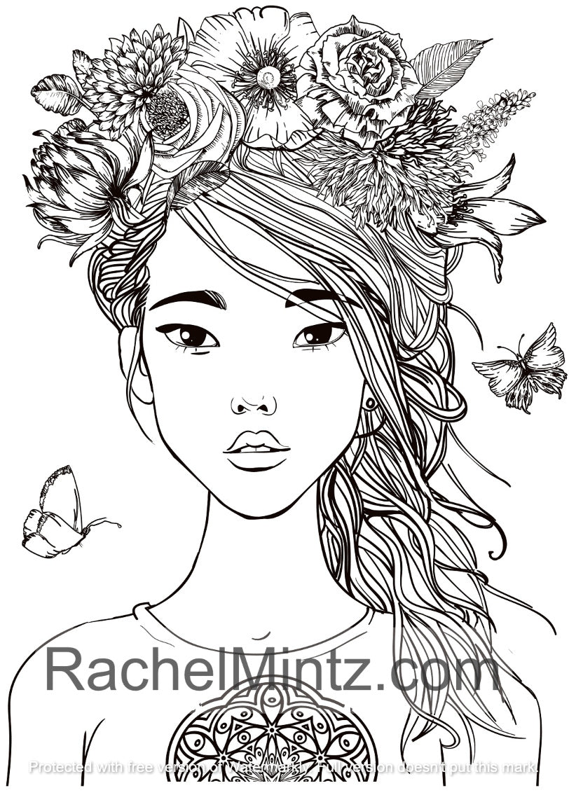 Beauty Garden - Girls Portraits & Flowers, PDF Coloring Book