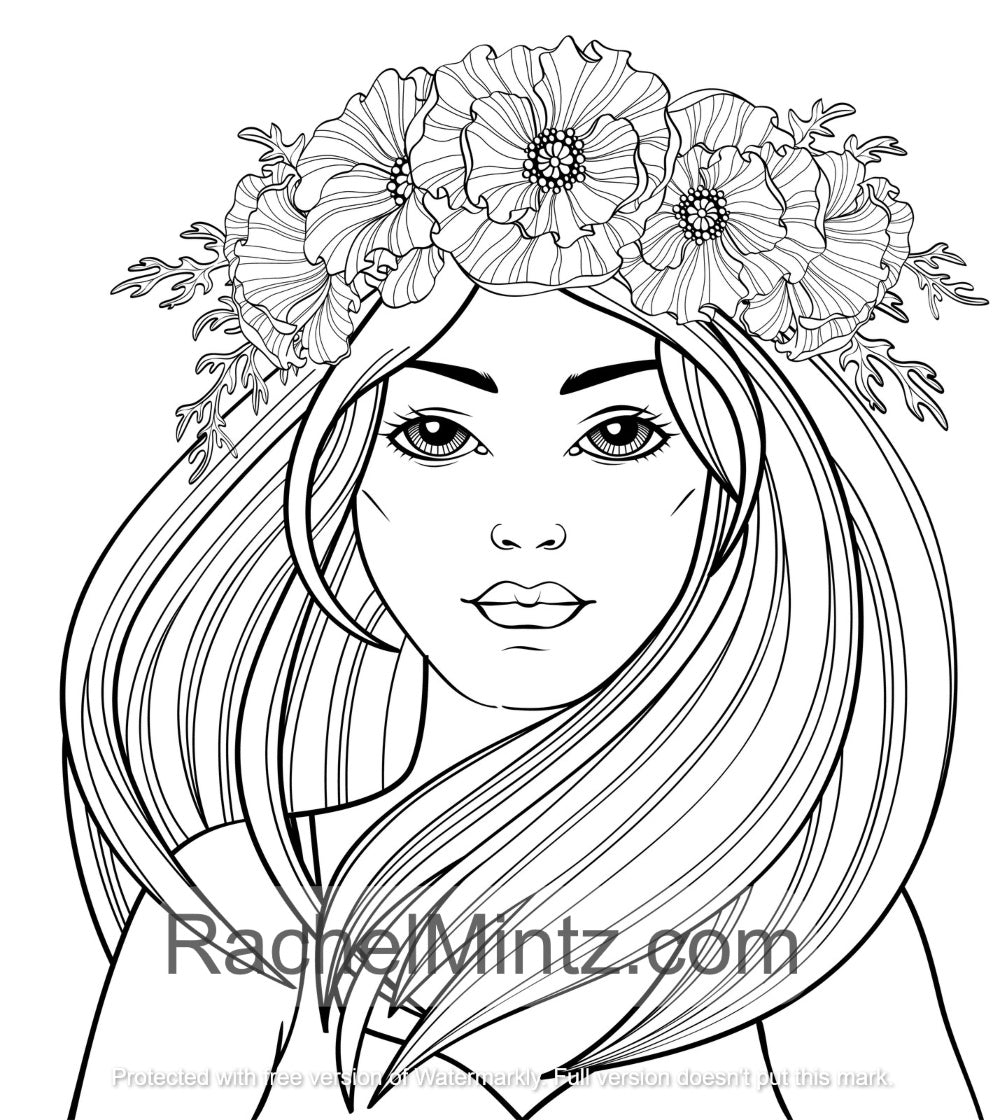 Beauty Garden - Girls Portraits & Flowers, PDF Coloring Book
