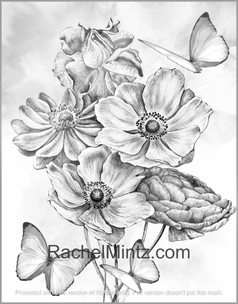 Butterflies Garden - Grayscale Delight with Beautiful Flowers & Butterflies (PDF Format Book)