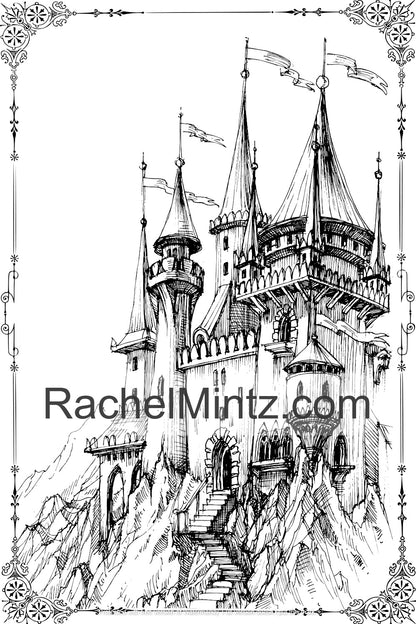 Castles & Fortresses - Grayscale Sketches, Gothic Architecture, Fairy Tale Castles, Medieval Palaces - Printable Coloring Book