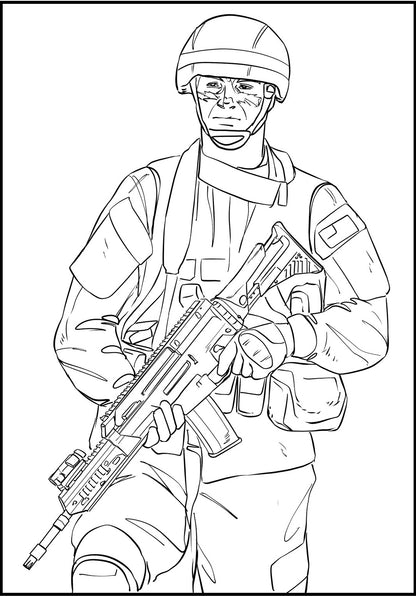 Combat Zone - Action Packed Military, PDF Coloring Book For Adults
