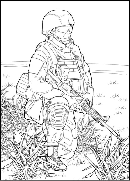 Combat Zone - Action Packed Military, PDF Coloring Book For Adults