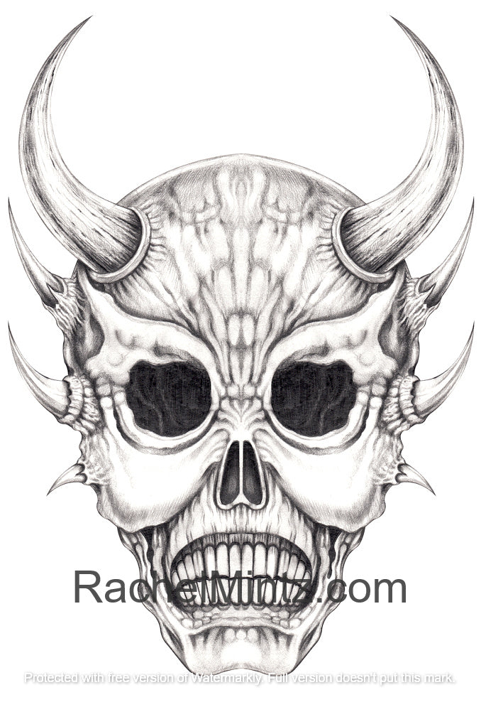 Demonic Skulls - Horror Grunge Skulls - PDF Grayscale Coloring Book Rachel Mintz