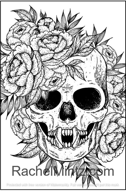 Floral Skulls - Sugar Skulls, PDF Coloring Book