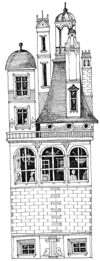 French Houses - Naive Retro Architecture, PDF Coloring Book