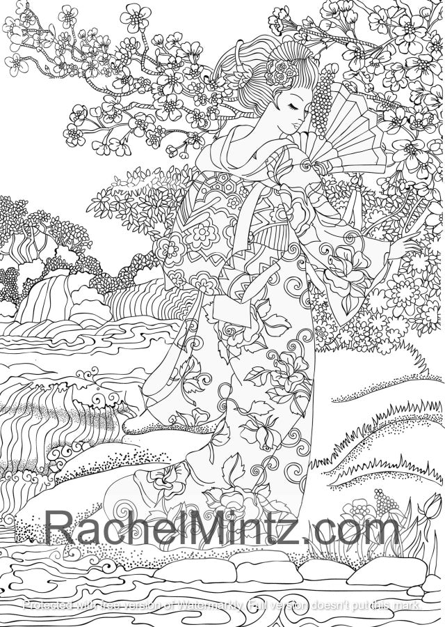 Geisha Garden - PDF Coloring Book: 30 Japanese Women & Nature Scenes 