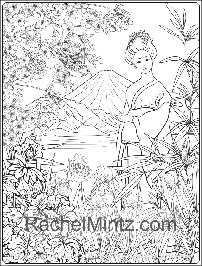 Geisha Garden - PDF Coloring Book: 30 Japanese Women & Nature Scenes 