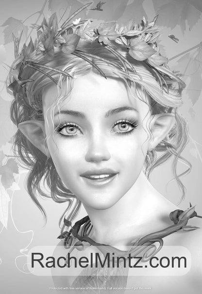 Gorgeous Fairies - 40 Fantasy Fairy Portraits in Grayscale Art, PDF Digital Coloring Book