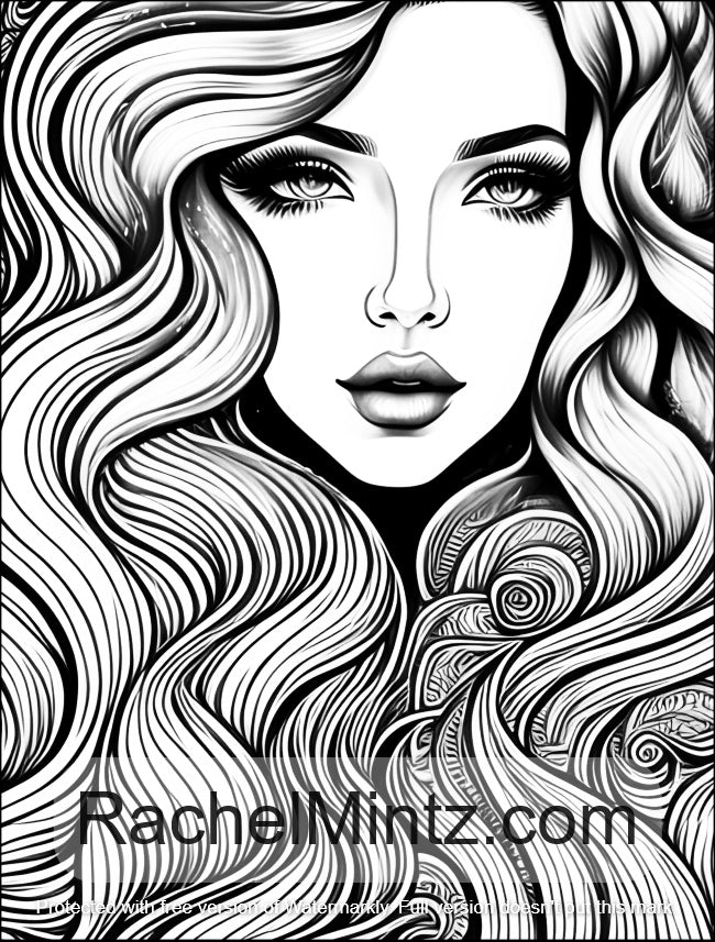 Hair Flow - Wavy Hair Coloring Book, Beautiful Girls With Long Curly Swirls Hairstyles, AI Art (Printable PDF Book)