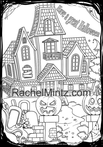 Halloween - Cute Witches, Pumpkins & Haunted Houses (PDF Format) Coloring Book for Adults