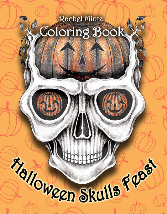 Halloween Skulls Feast - Witches and Pumpkins Grayscale, PDF Coloring Book