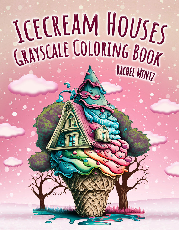Icecream Houses - Grayscale Coloring Book, 40 Cute Fantasy Houses Made of Ice-Creams, AI Art (PDF Book)