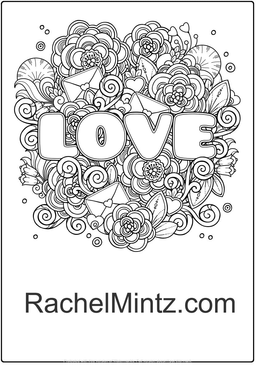 In Love - 50 Valentines Coloring Pages, Lovers Hearts, Kisses, Love Note, Loving Phrases (Digital Book)