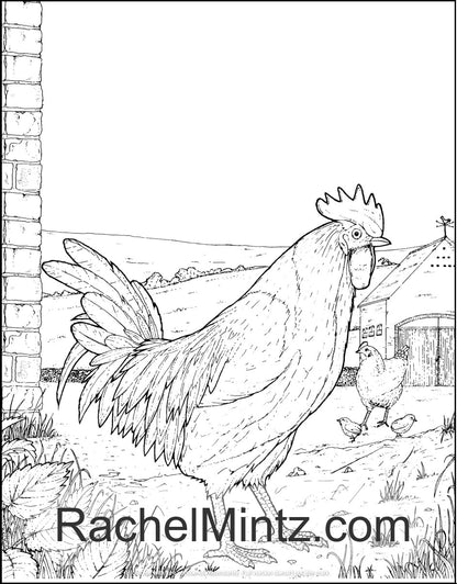 Around The Farm - Pastoral Scenes of Farm Animals, Birds & Wildlife, PDF Coloring Book