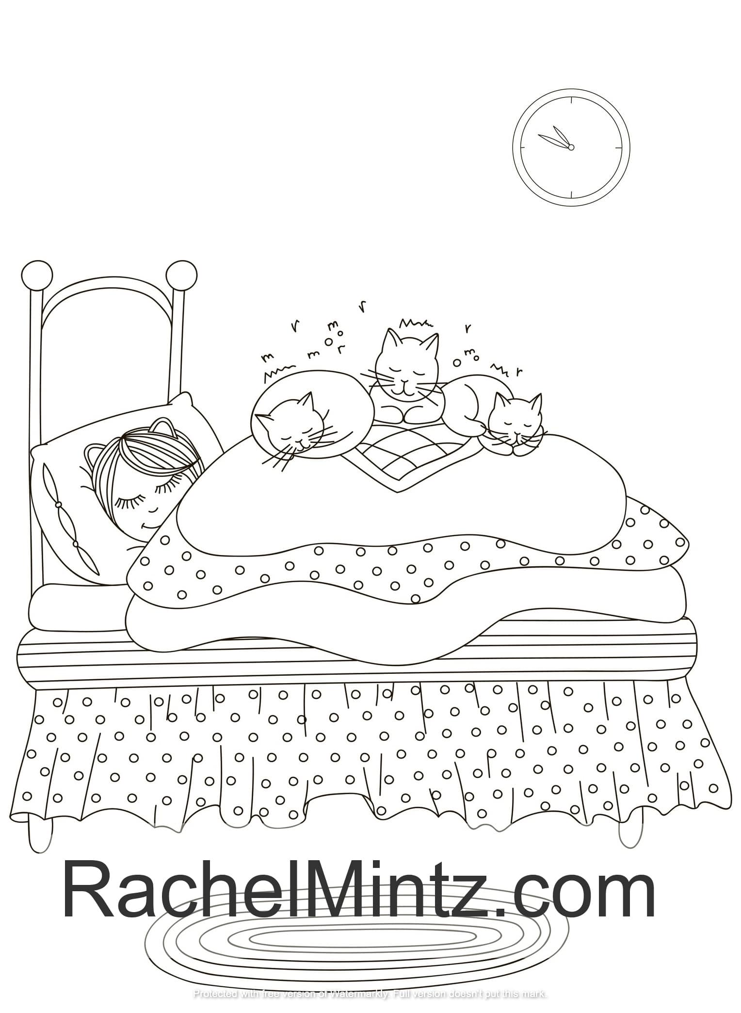 La Petite - Naive Line-art Coloring Book, Happy Optimistic Sketches of Sweet Girl & Her Cat (PDF Format Book)