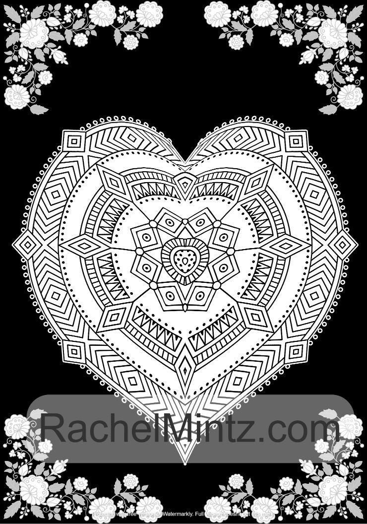 Heart Shaped Mandalas - Valentines Day Relaxing Coloring Book, 40 Love Patterns [Digital Book]