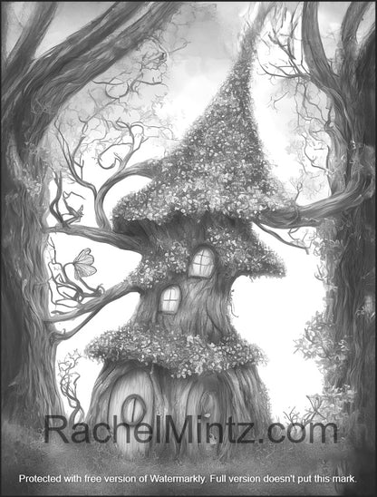 Misty Forest - Fantasy Treehouses, Magical Forest, Grayscale Coloring Book, AI Art (Printable PDF Book) Rachel Mintz