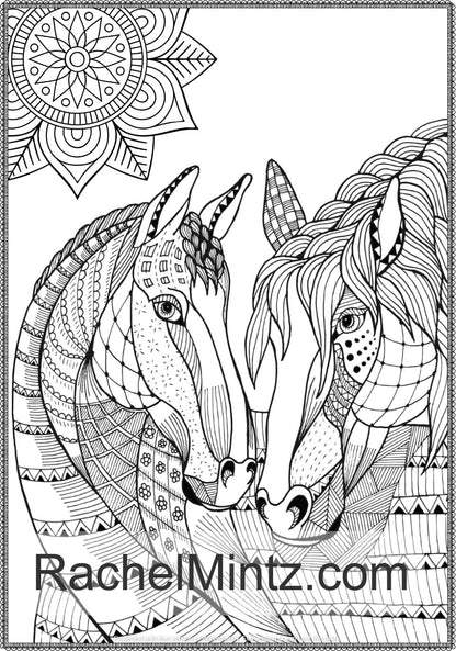 Noble Horses - Beautiful Detailed Sketches of Horses, Horse Mains in Decorated Pattern, PDF Coloring Books