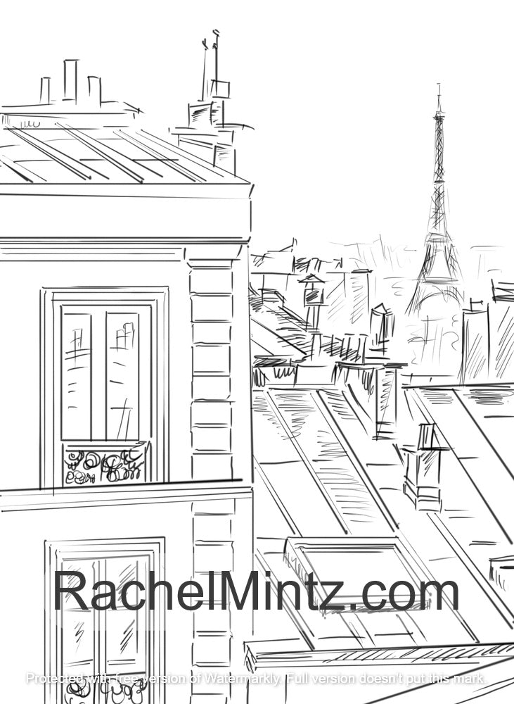 Paris Love - Eiffel Tower, Streets, Cafes, Hand Sketched Coloring (PDF Book)