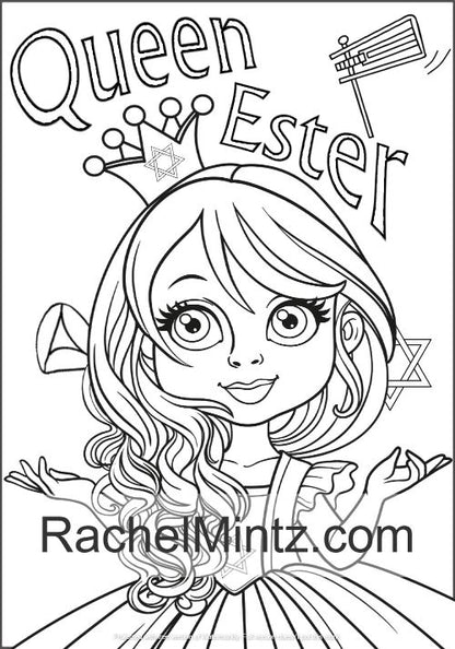 Purim Time - Coloring & Activity Book For Kids, Esther Scroll Figures, Hebrew Text, Crowns (Digital Format Book)