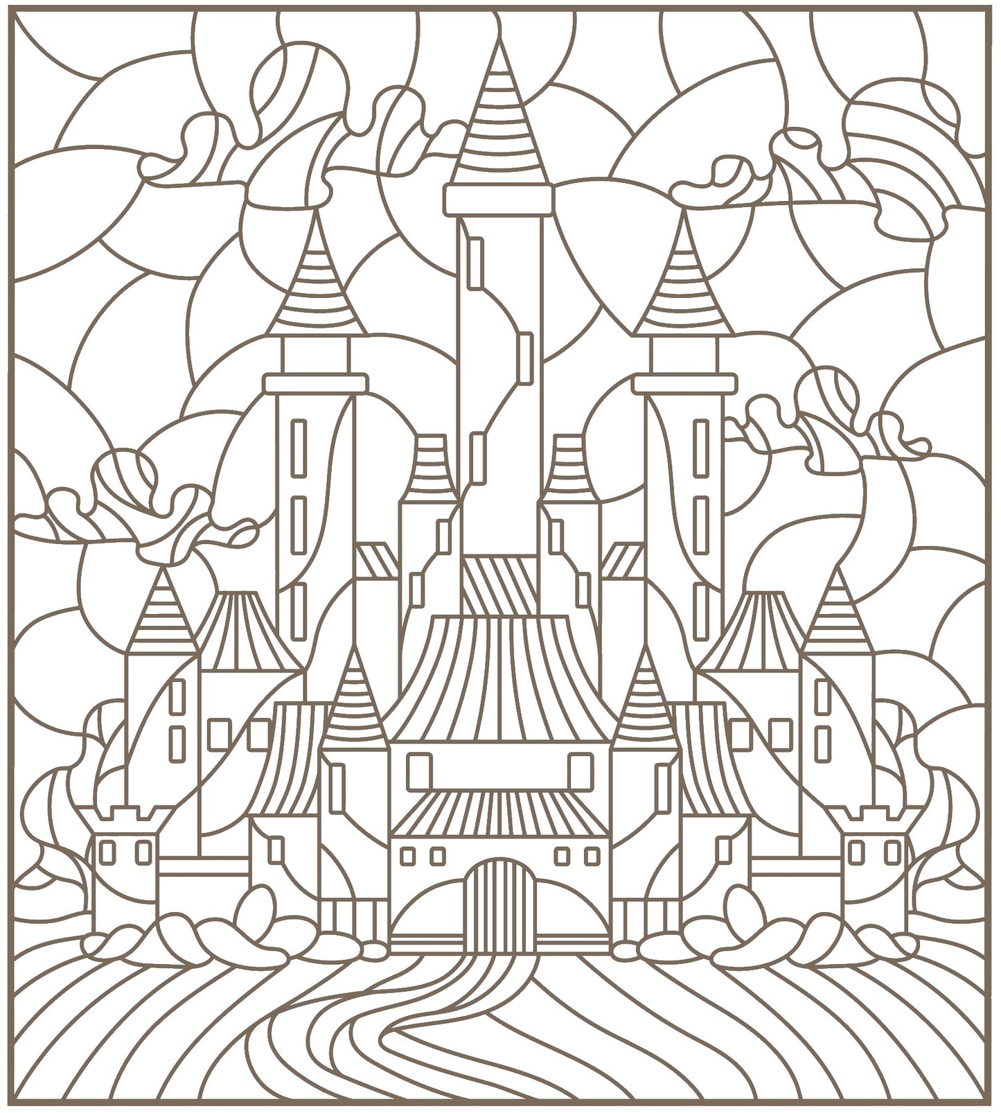 Stained Glass Art Scenic Landscapes, Mosaic Ocean, Picturesque Castles & Ships PDF Coloring Book