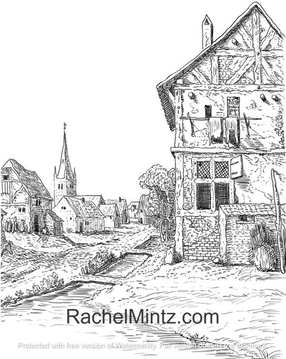 The Village - 50 Vintage Grayscale Rural Landscapes, Old Rusty Houses Coloring (PDF Book)