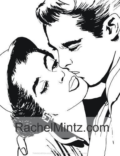 The Lovers - Vintage Comics Coloring Book, Pop Art Style Women and Men Kissing (Digital Format Book)