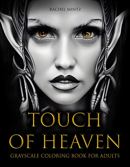 Touch of Heaven - Grayscale Coloring Book Fantasy Portraits, AI Generated Art (PDF Format Book)