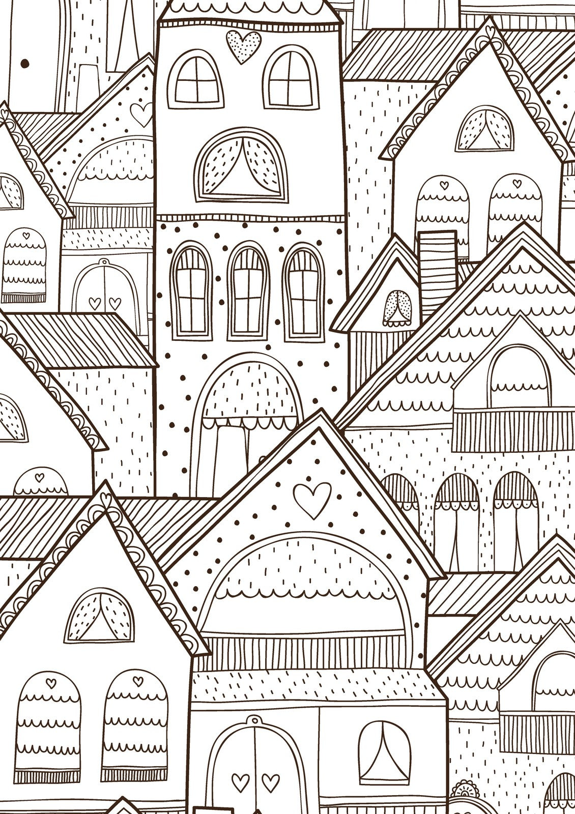 Urban Mess - Anti Stress Detailed Houses & Buildings, Seamless Architecture Patterns PDF Coloring Book