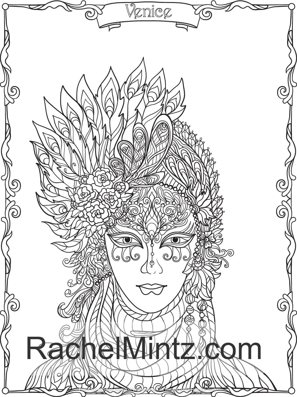Venice Girls - Masks Coloring Book, Women in Carnival / Mardi Gras Decorated Mask Patterns (PDF Book)