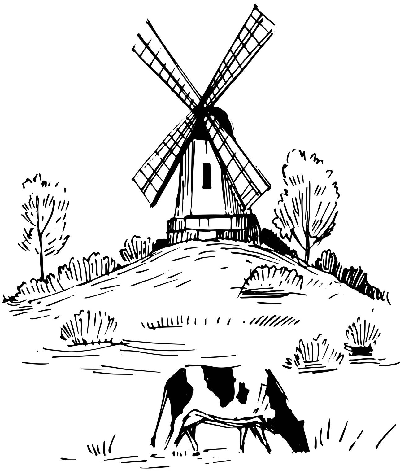 Windmills - Dutch Mills & Windmill Landscapes Sketches, PDF Coloring Book