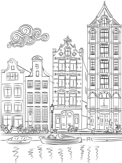 Wonderful Amsterdam - Dutch Architecture, Landscapes Sketches Line Art & Grayscale